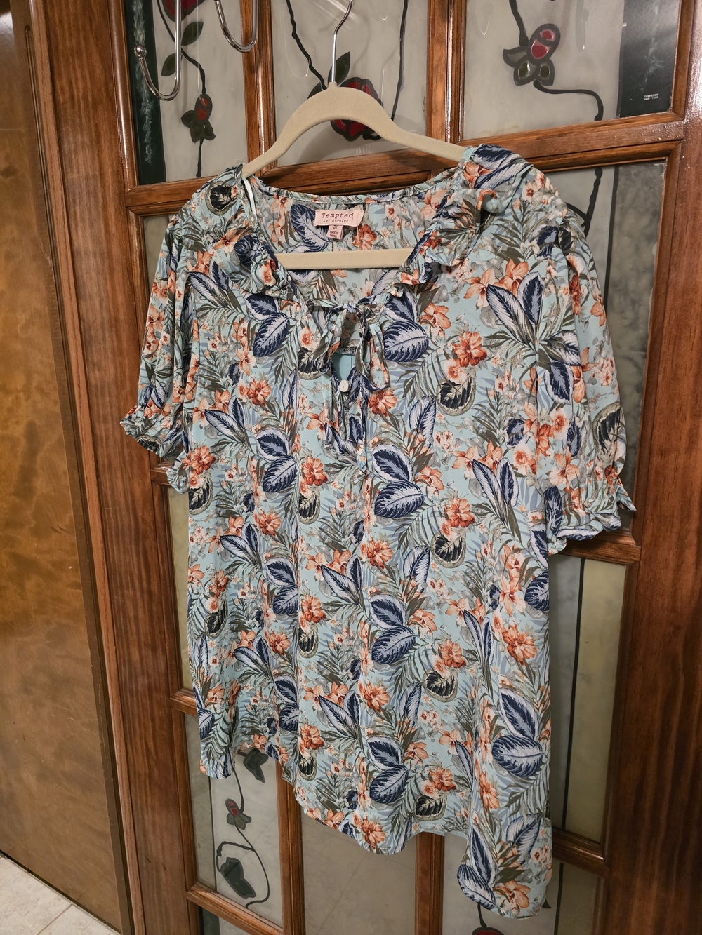 Torrid Blue Floral Tie-Neck Short Sleeve Top